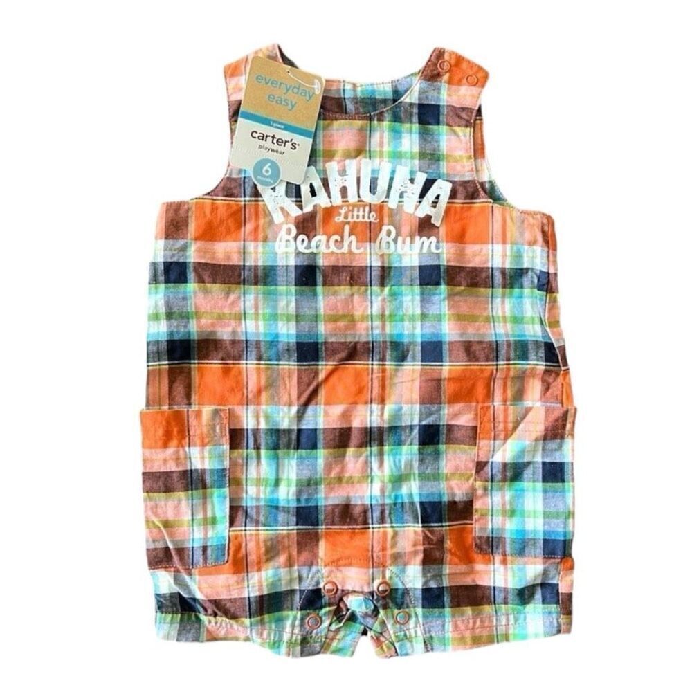 NWT Baby Boys Carters Kahuba Beach Bum Plaid Shortall Overalls Shorts - Sz 6 mo